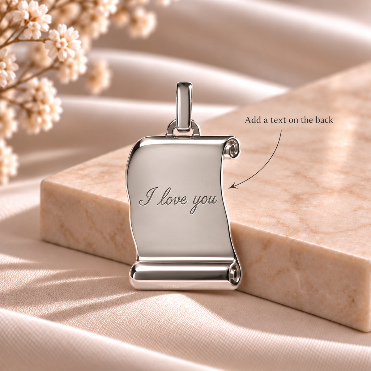 A10 personalised silver scroll pendant back with text engraving example
