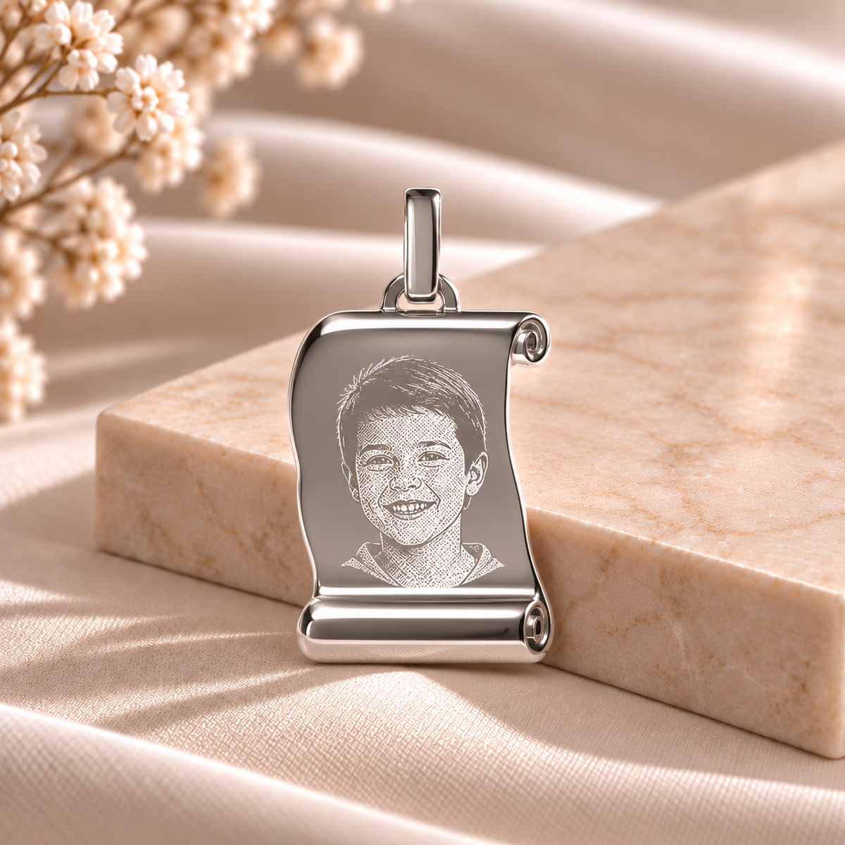 A10 personalised 925 sterling silver scroll photo pendant on warm marble