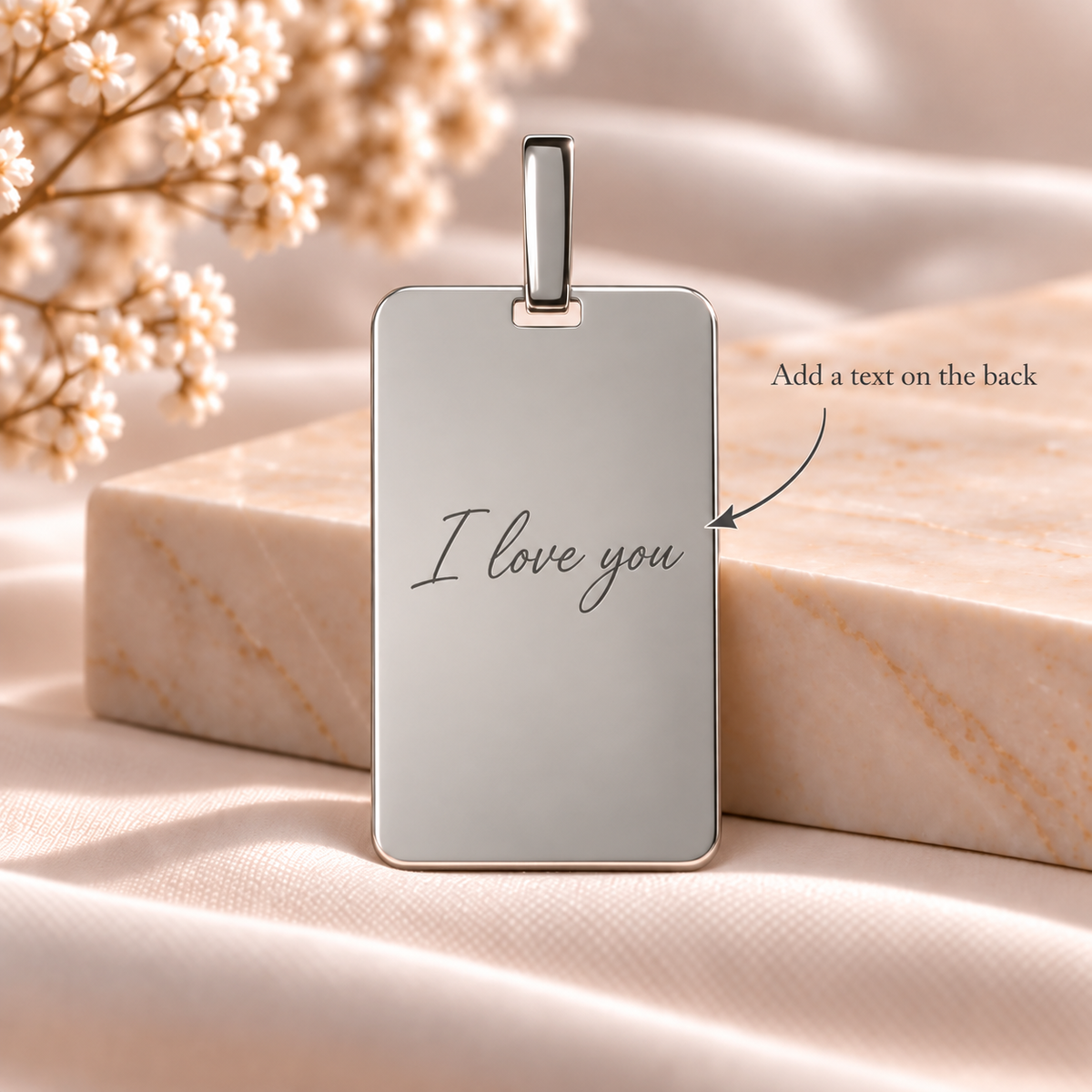 A11 personalised silver rectangular pendant back with text engraving example