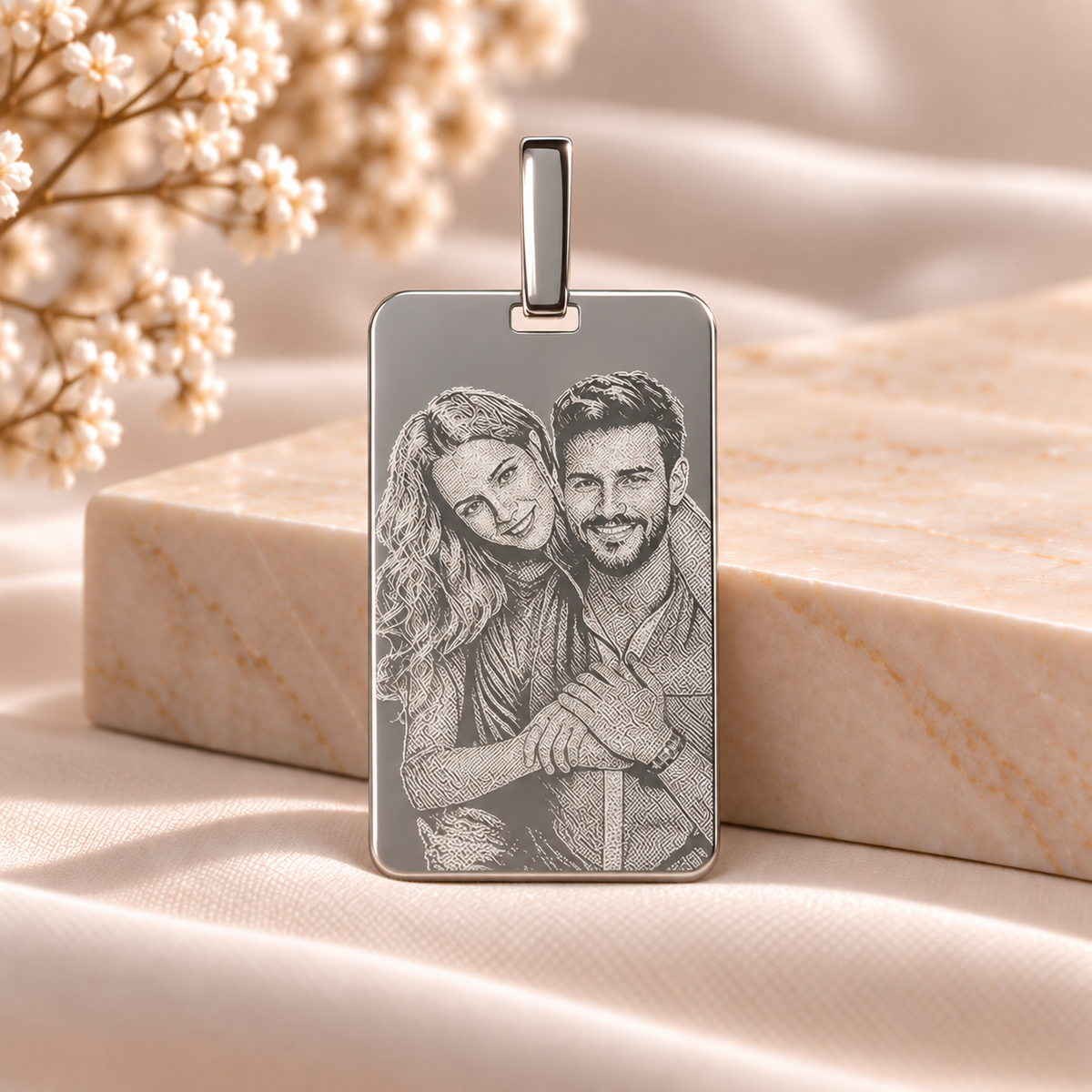 A11 personalised 925 sterling silver rectangular photo pendant 19 x 32 mm on warm marble