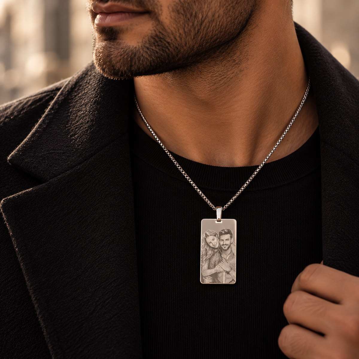 KINLORE A11 personalised 925 sterling silver rectangular photo pendant worn by man