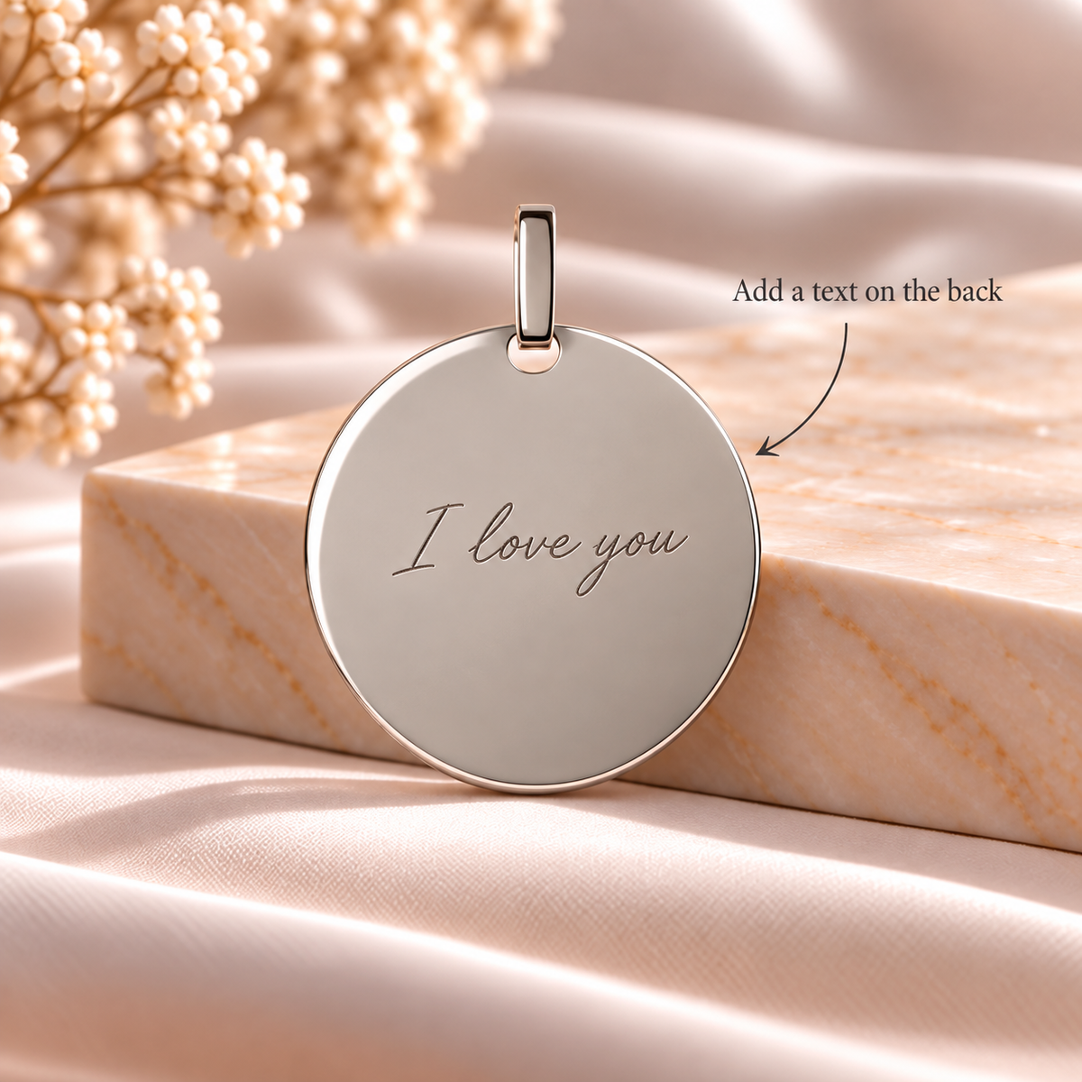 A5 personalised silver round pendant back with text engraving example