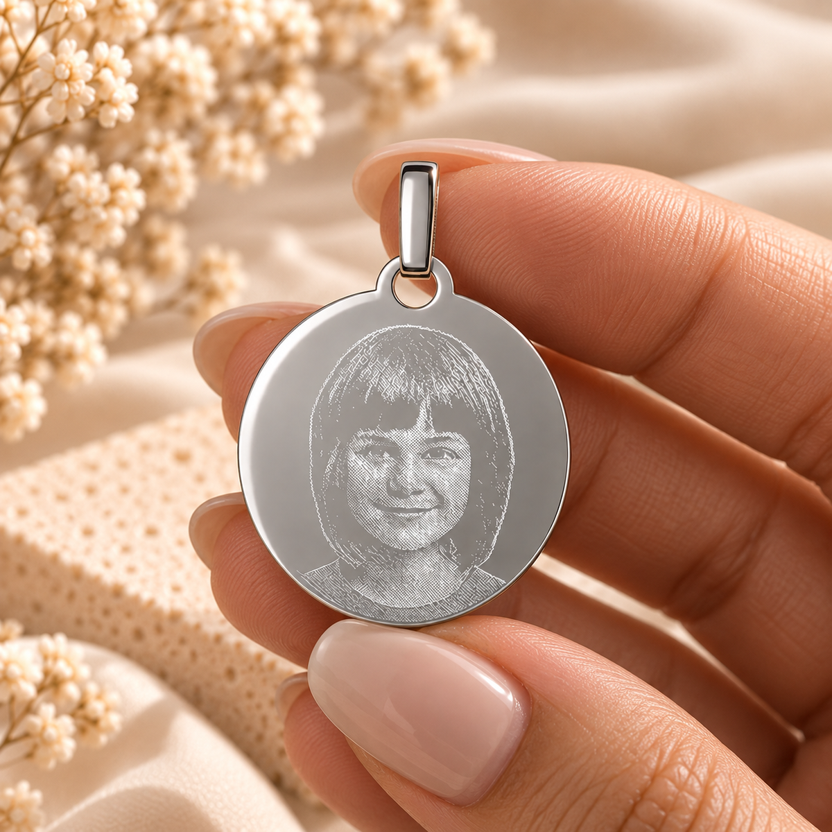 A5 personalised silver round pendant held in manicured hand
