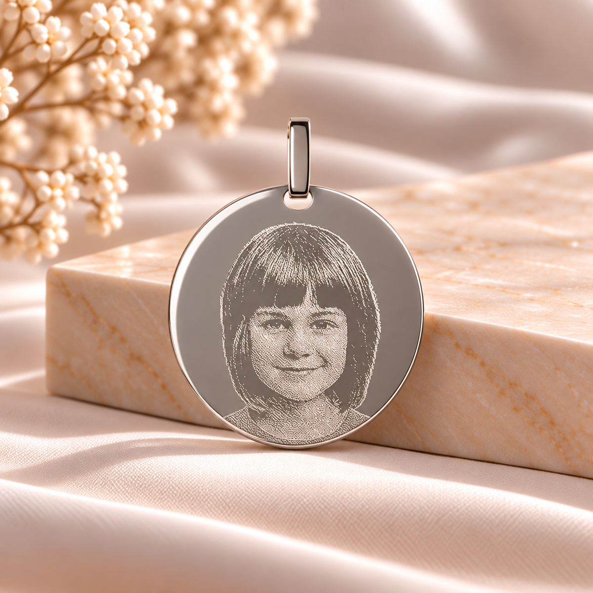 A5 personalised 925 sterling silver round photo pendant 22 x 22 mm on warm marble
