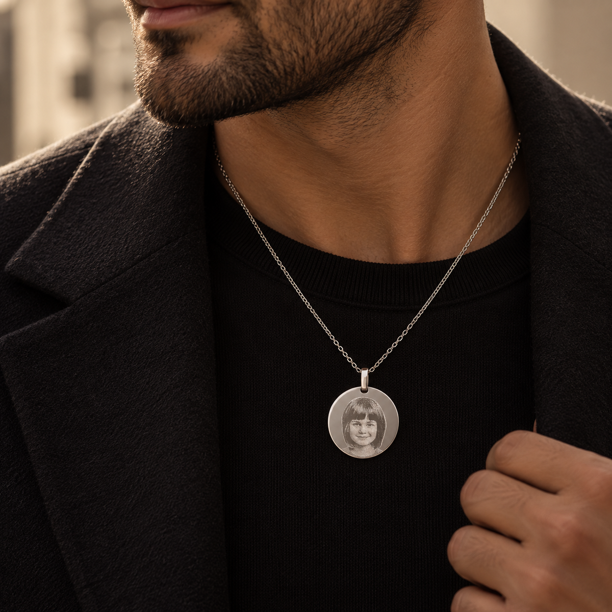 KINLORE A5 personalised 925 sterling silver round photo pendant worn by man