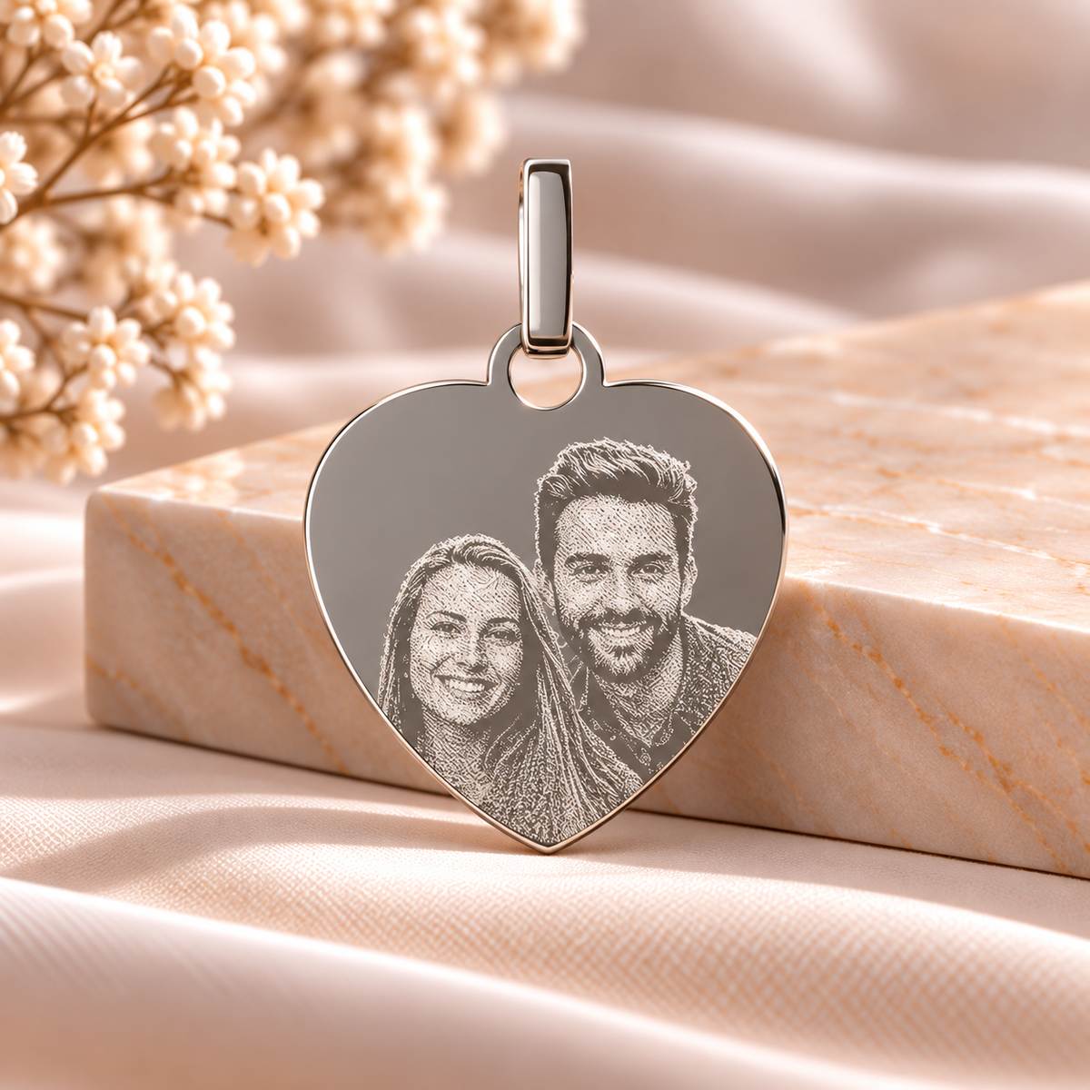 A6 personalised 925 sterling silver heart photo pendant 22 x 20 mm on warm marble