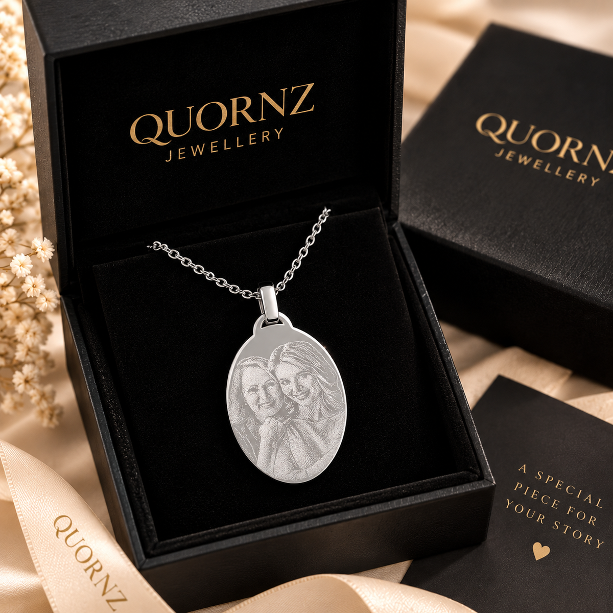 A9 personalised silver oval pendant in KINLORE jewellery box