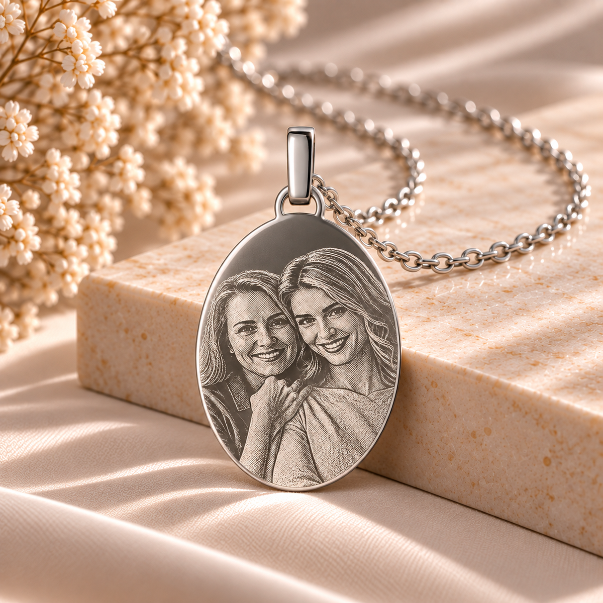 KINLORE A9 personalised 925 sterling silver oval photo pendant with chain