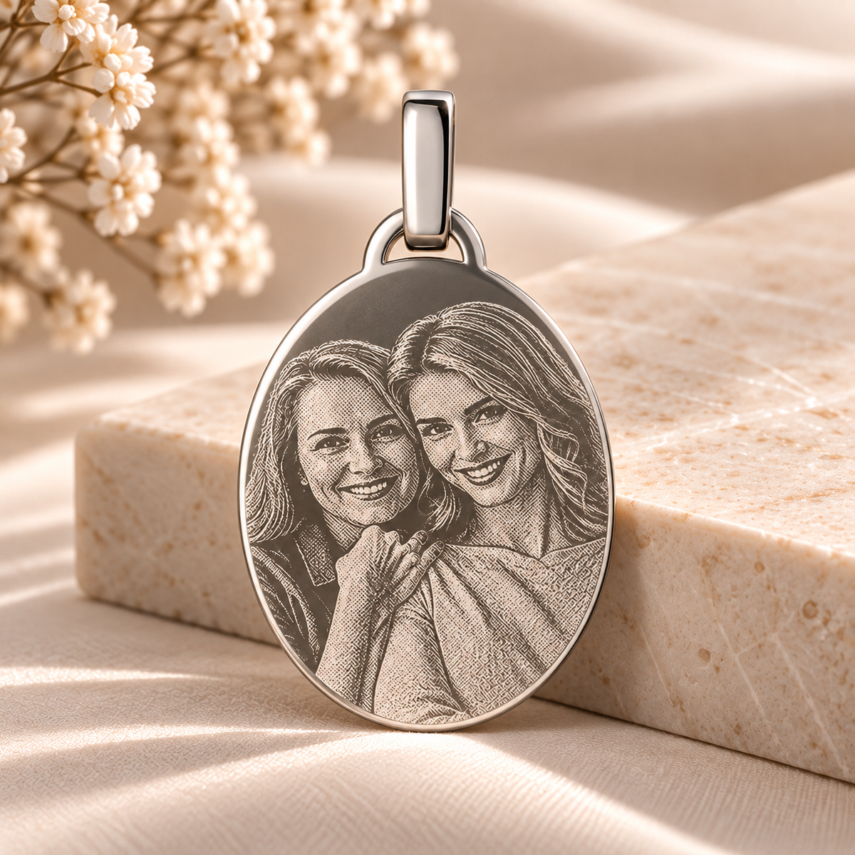 A9 personalised silver oval pendant on smooth luxury stone