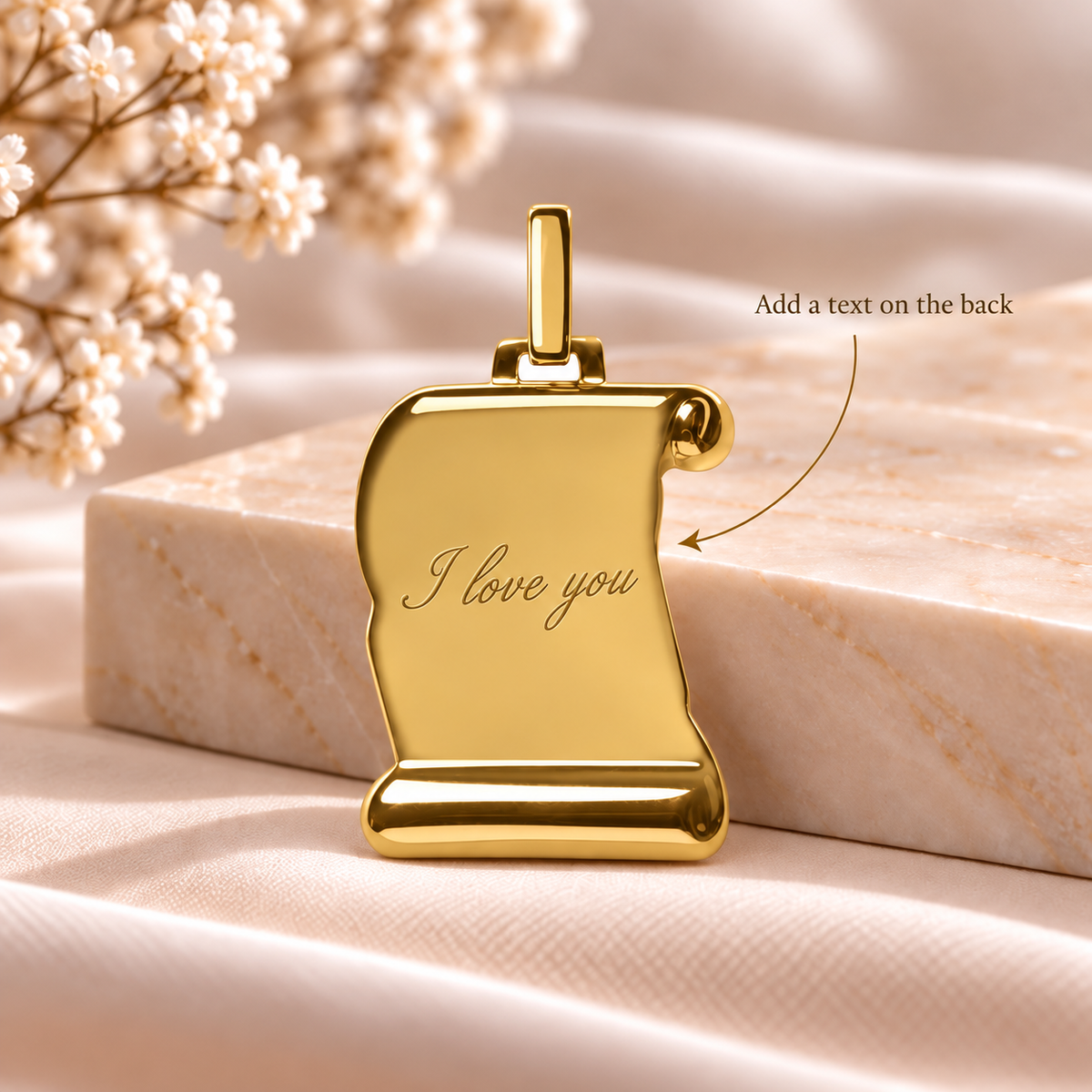 PO10 personalised gold scroll pendant back with text engraving example