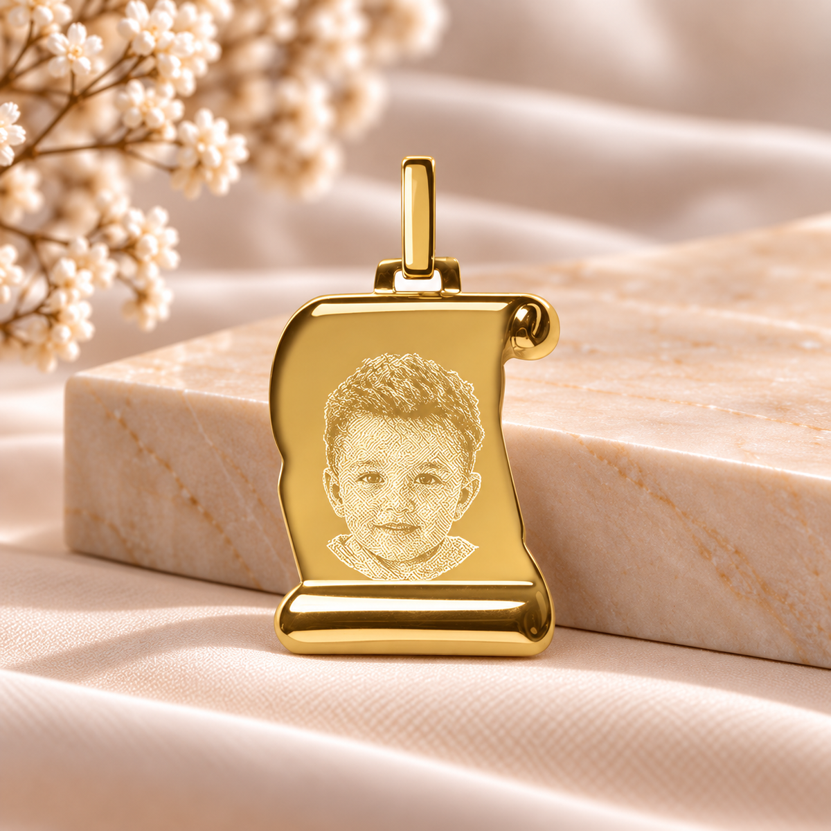 PO10 personalised 18ct gold plated scroll photo pendant on warm marble
