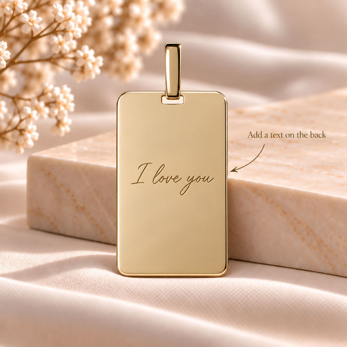 PO11 personalised gold rectangular pendant back with text engraving example