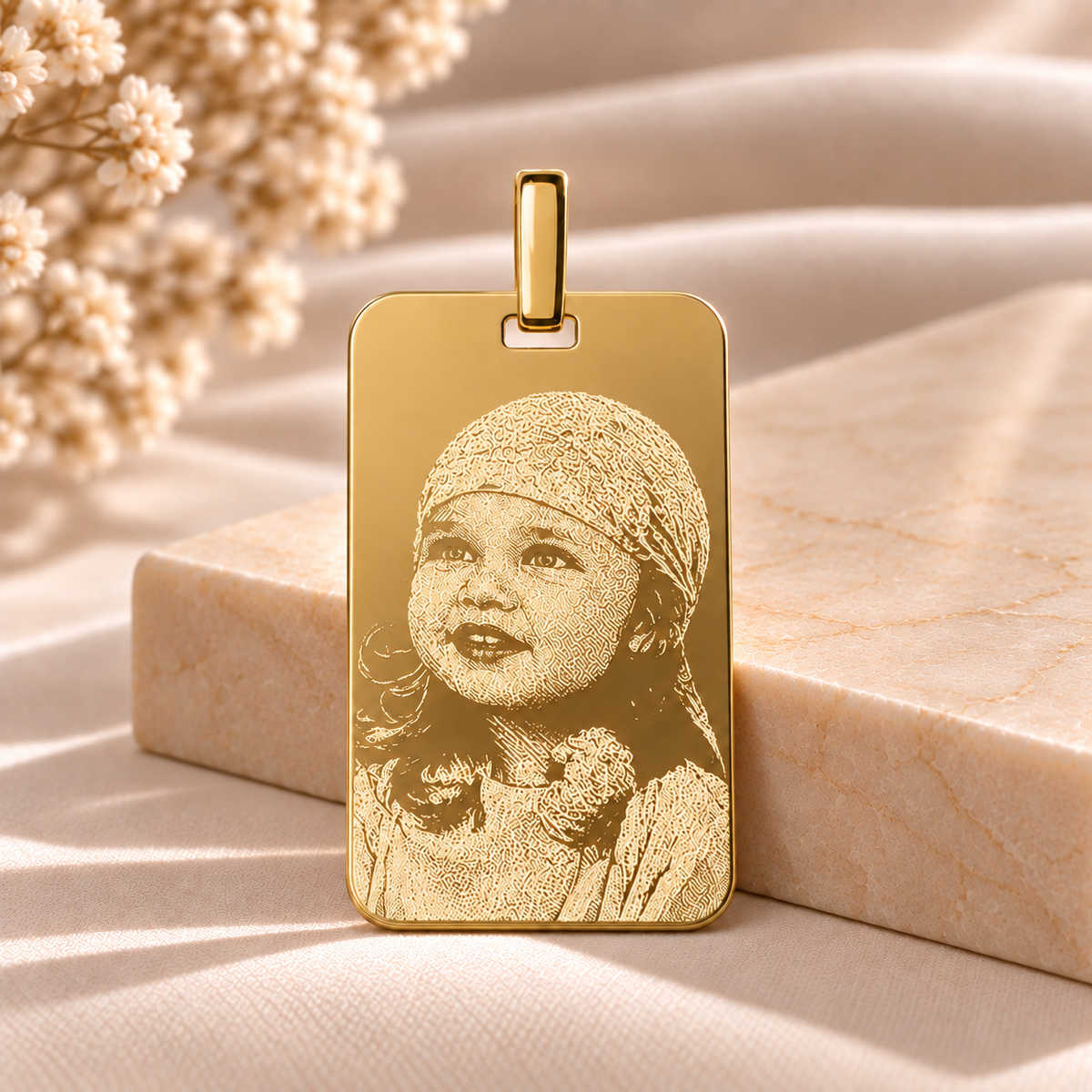 PO11 personalised gold rectangular pendant on smooth luxury stone