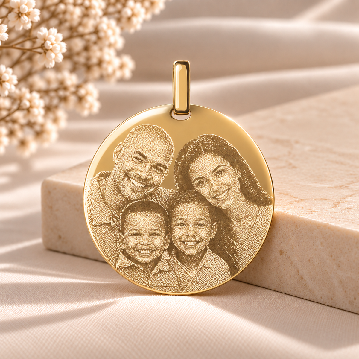 PO12 personalised gold round family pendant 27 x 27 mm on smooth ivory luxury stone