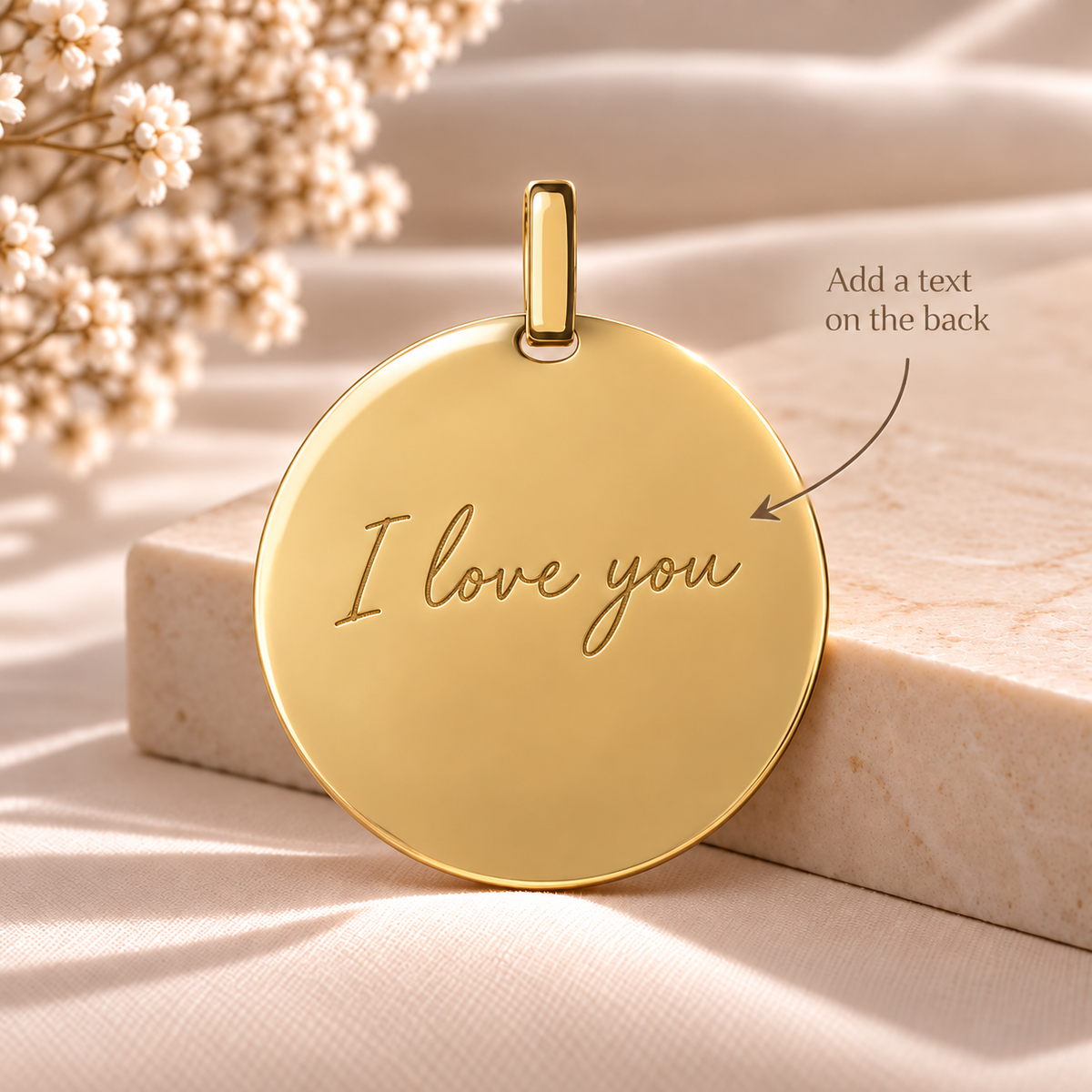 PO12 personalised gold round pendant back with text engraving example