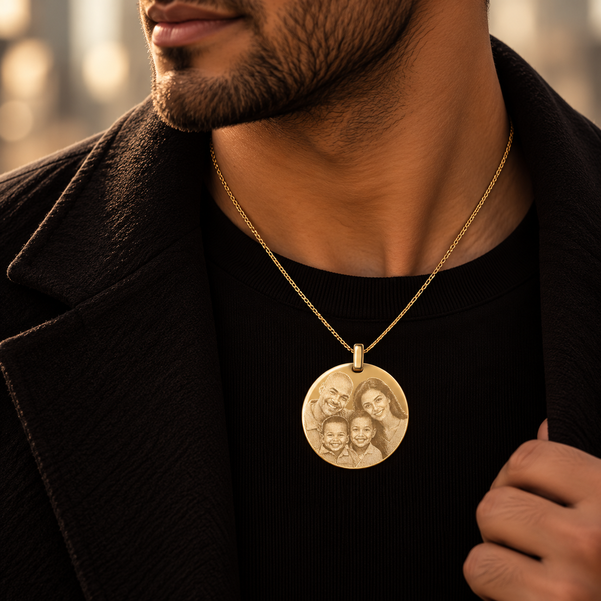 KINLORE PO12 personalised 18ct gold plated round family photo pendant worn by man