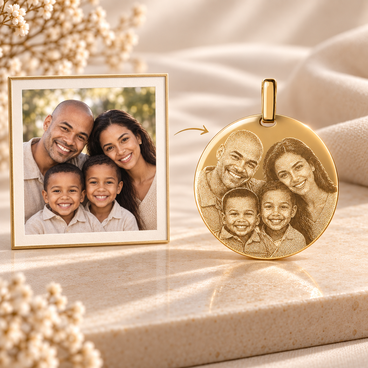 How your family photo becomes a KINLORE PO12 diamond-engraved gold pendant.