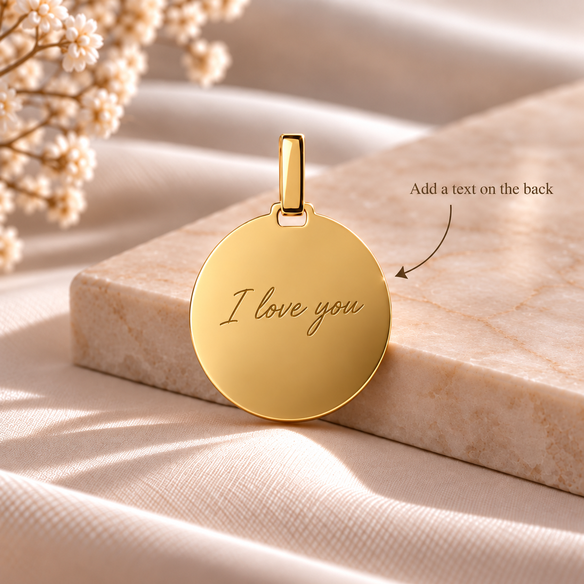 PO5 personalised gold round pendant back with text engraving example