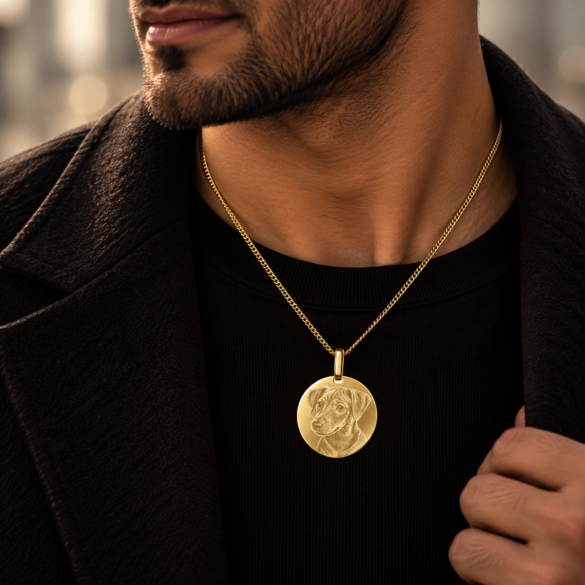 KINLORE PO5 personalised 18ct gold plated round pet photo pendant worn by man