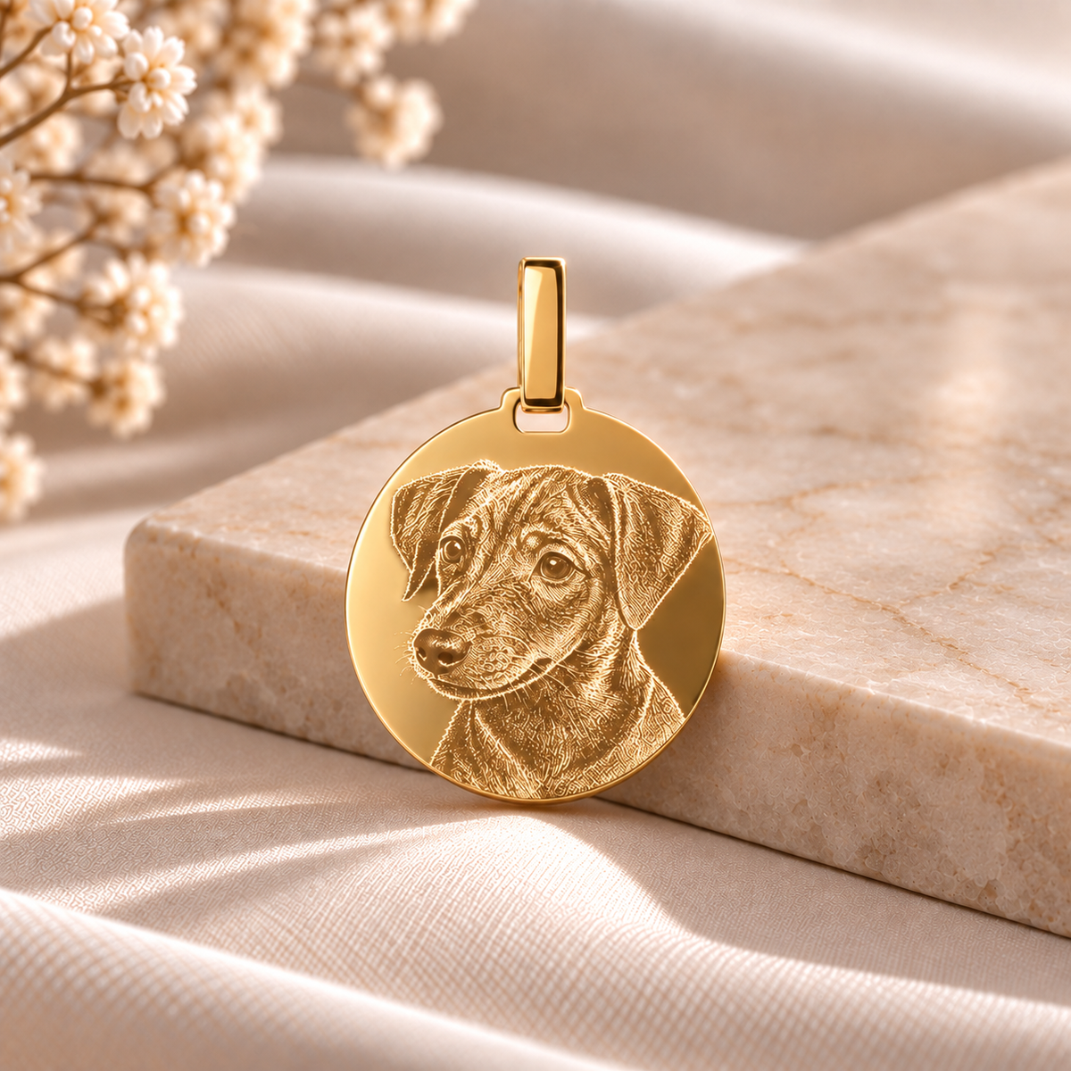 PO5 personalised gold round pendant on smooth luxury stone