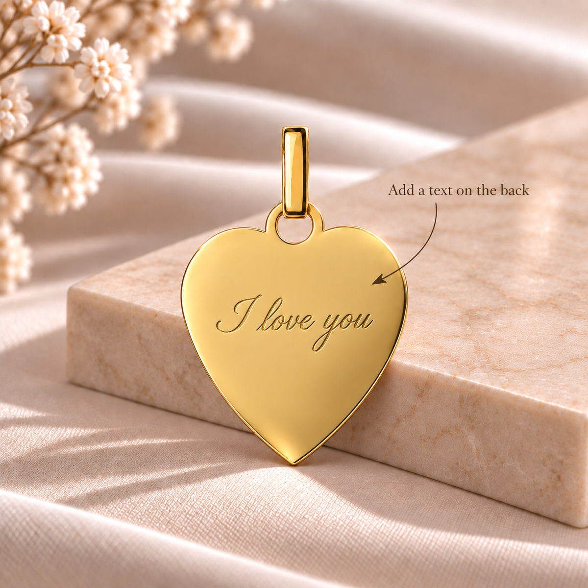 PO6 personalised gold heart pendant back with text engraving example