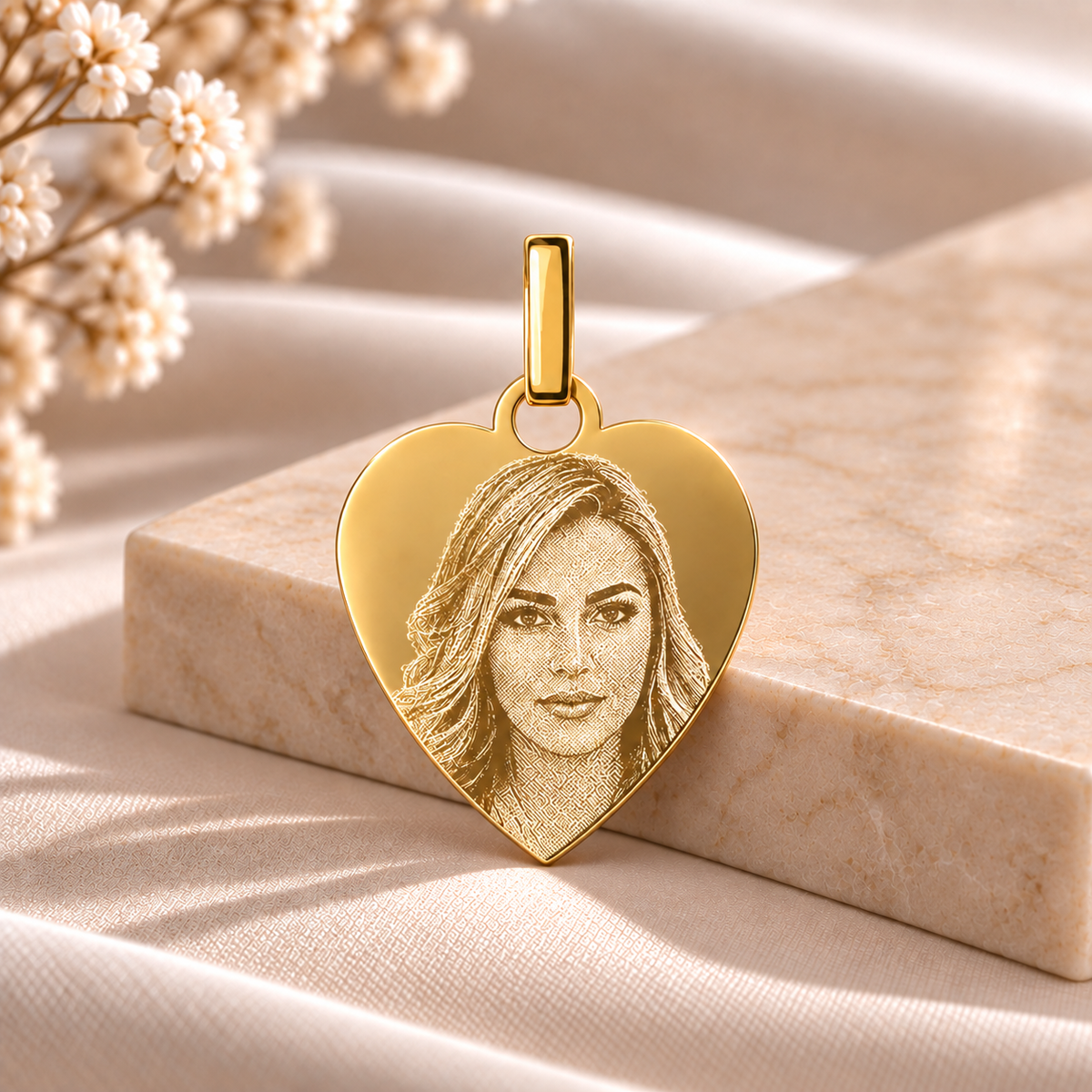 PO6 personalised gold heart pendant on smooth luxury stone