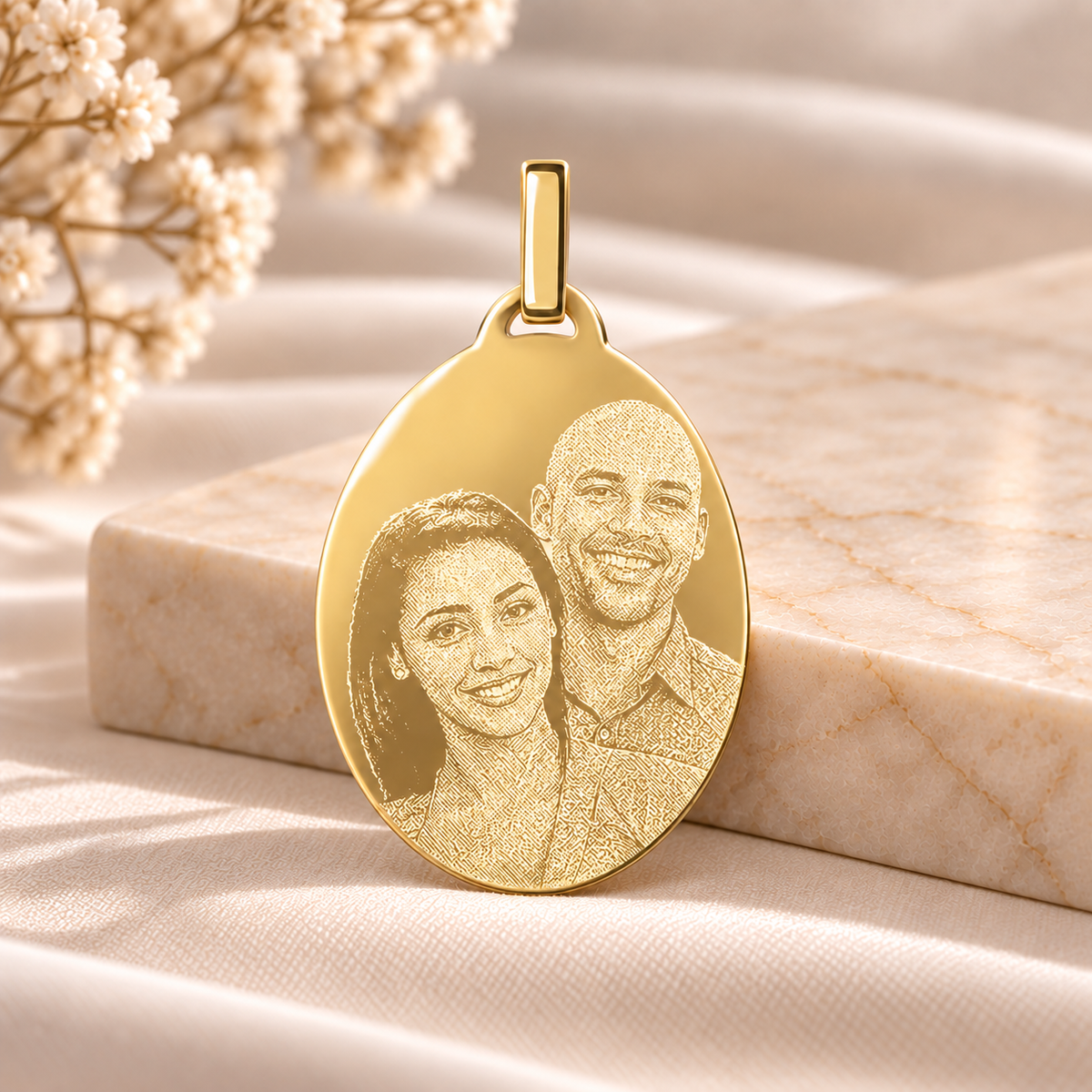 PO9 personalised gold pendant 22 x 30 mm on smooth ivory luxury stone