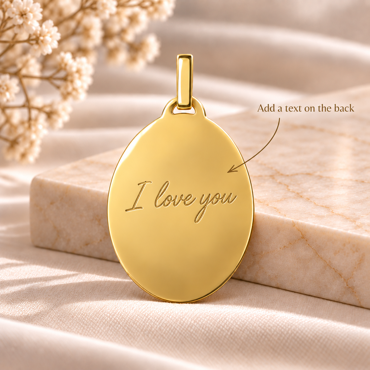 PO9 personalised gold oval pendant back with text engraving example