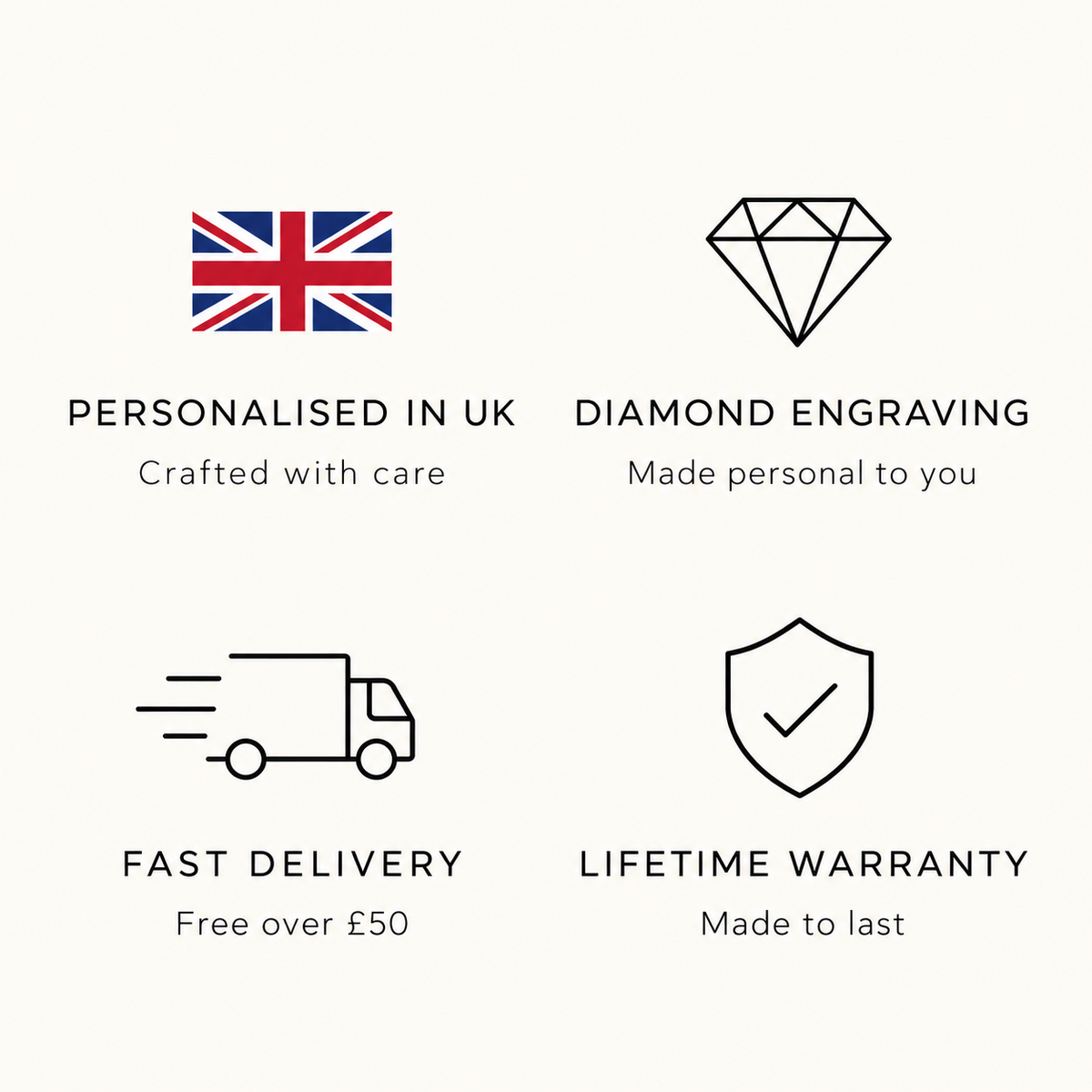 KINLORE trust promises: Personalised in UK, Diamond Engraving, Fast Delivery free over £50, and Lifetime Warranty.